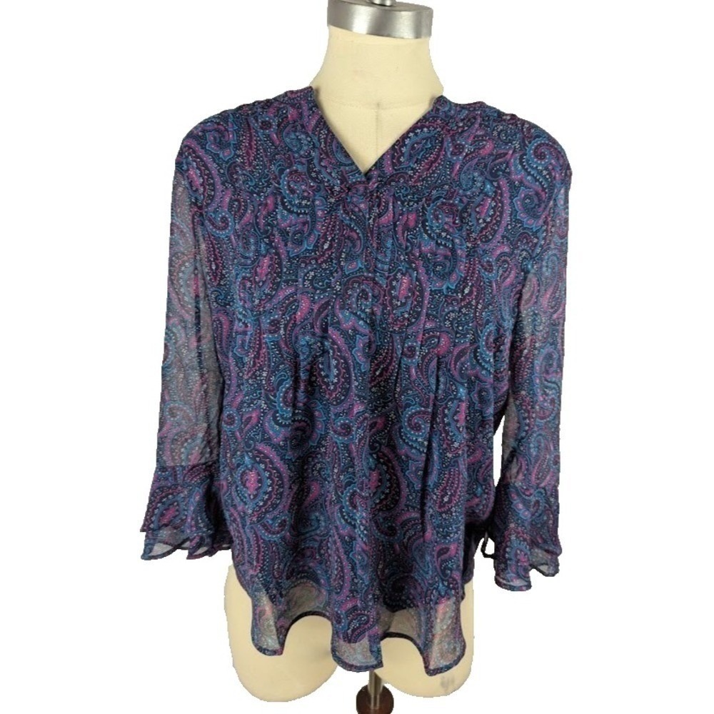 Charter Club Petite Pleated Paisley Pin-tuck Top Size PL Long Sleeve Sheer Blue